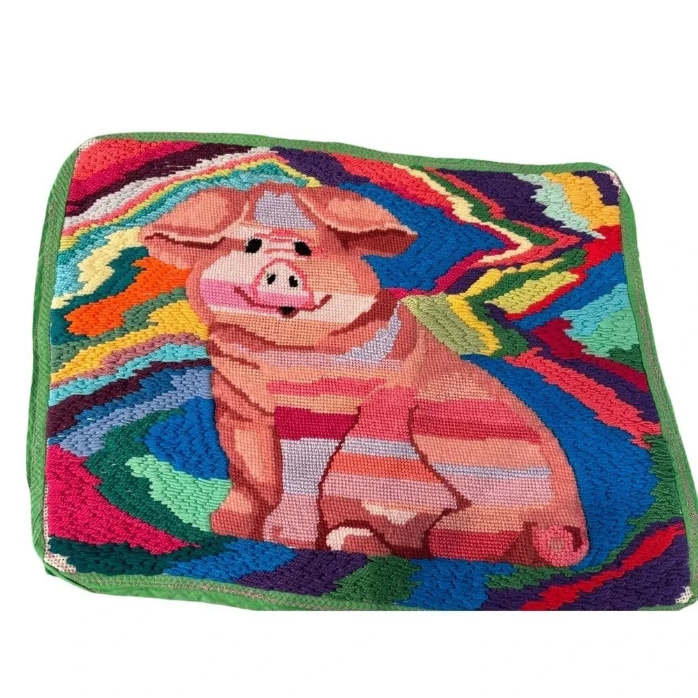 Vintage Handmade Needlepoint Pig Wall Art‎ Colorful Psychedelic Folk Art 17x14